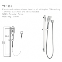 ECT Exon 3 function shower head on s/s sliding bar, 700mm long 1.5M matt black hose and elbow included